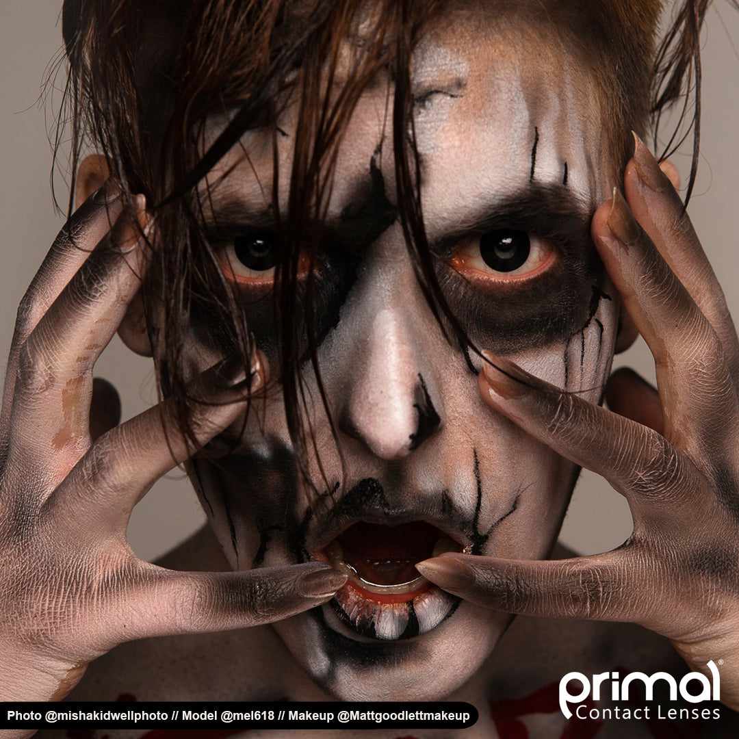 Possessed Pure Black Contact Lenses Makeup Model Closeup
